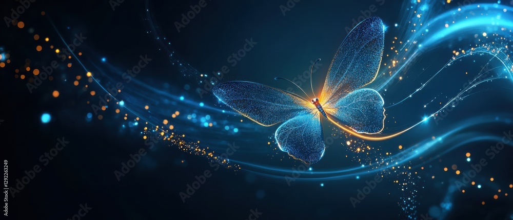 Aufkleber abstract glowing blue butterfly with light trails and bokeh on dark background concept of transforma