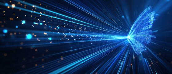 Fototapeta premium Digital butterfly with glowing blue light trails, symbolizing transformation, technology, and innovation in a futuristic abstract design