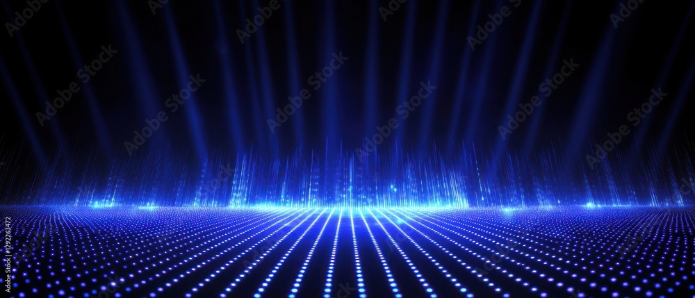 Poster abstract blue light beams and dotted grid floor, futuristic technology background with digital data 