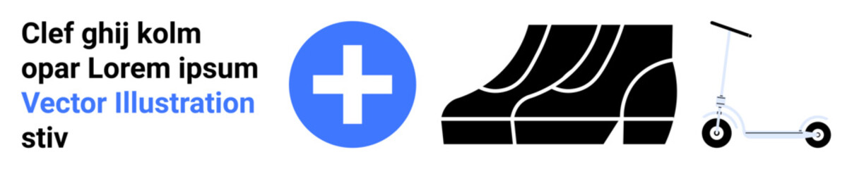 Blue cross, pair of shoes, and a scooter combine to symbolize healthcare, mobility, and active living. Ideal for healthcare, fitness, recovery, disability aid lifestyle wellness flat landing page