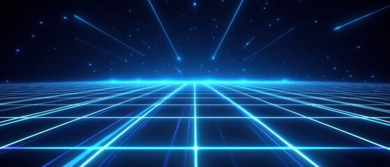 Futuristic blue grid landscape with glowing lines and stars, representing digital space, virtual reality, and technology concept