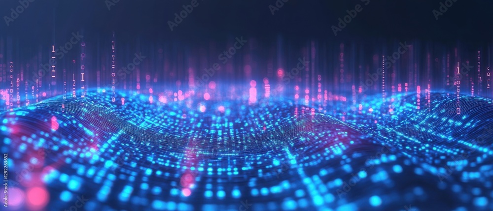Poster abstract blue digital landscape with binary code rain, representing big data, artificial intelligenc