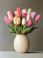 Obraz premium Colorful Tulips Spring Flower in a Vase. Botany Floral Potted Plant
