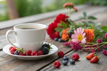 Freshly brewed coffee paired with colorful berries and vibrant flowers on a rustic wooden table in a sunny garden setting