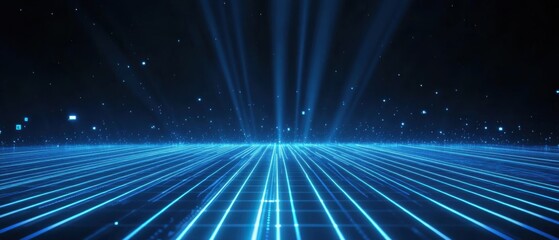 Naklejka premium Futuristic blue grid with glowing light beams and particles, representing digital technology, cyberspace, and virtual reality landscape