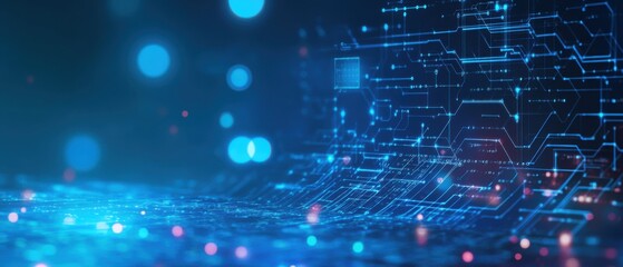 Abstract blue technology background with circuit board pattern, glowing nodes, and data flow Concept of artificial intelligence, cybersecurity, and digital network