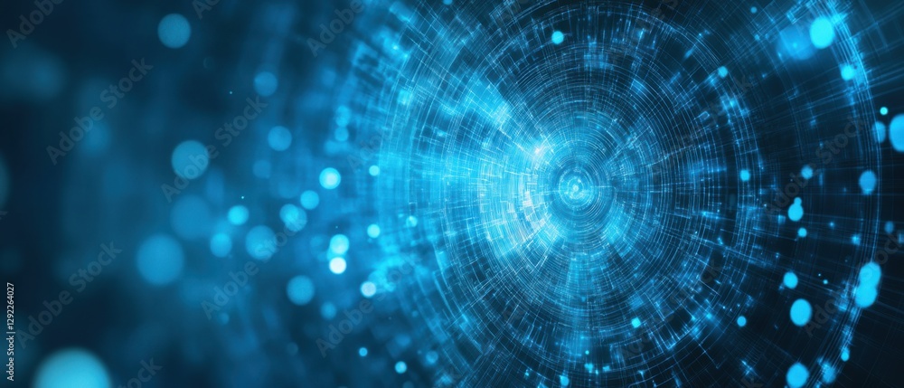 Poster abstract blue technology background with glowing circles and lines, representing data flow, digital 
