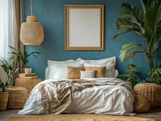 Horizontal Frame Poster Mockup for Boho Bedroom Interior Decor