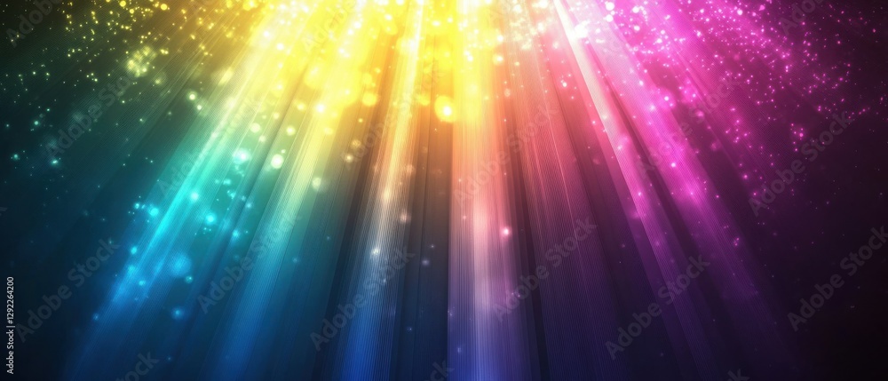 Poster abstract rainbow light beams with bokeh effect, colorful spectrum rays shining down in a vibrant and