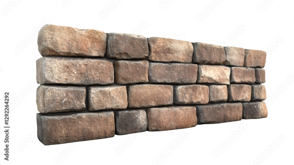 Poster Long stone wall made of rough bricks with transparent background, perfect for architecture visualization or any kind of project