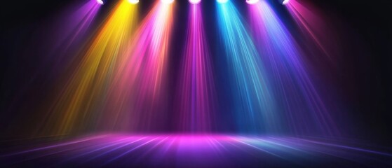 Obraz premium Colorful stage lights shining down on empty stage in a dark room Concept of performance, entertainment, and concert