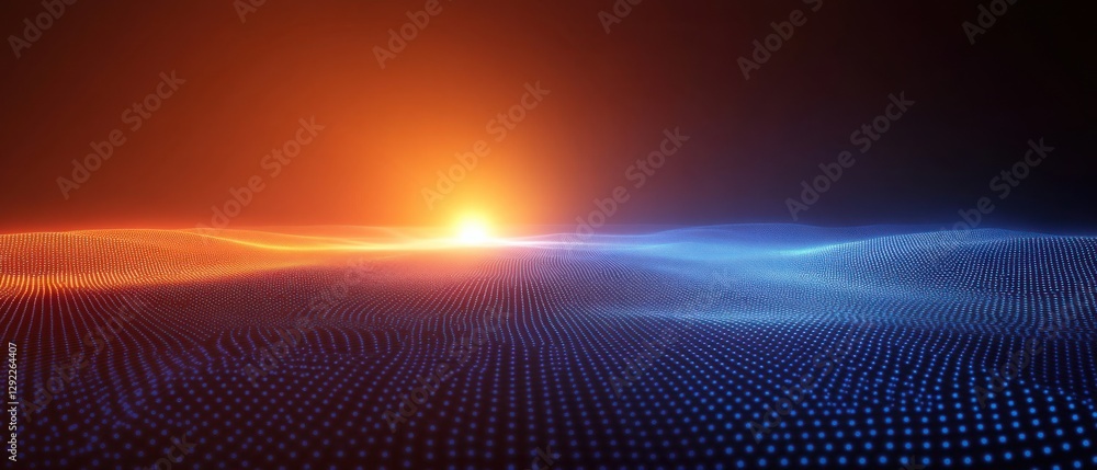 Poster abstract digital landscape with glowing horizon, futuristic technology background with orange and bl