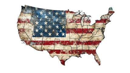 United States map with a grunge textured american flag and state borders, isolated on transparent background