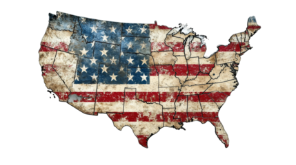 United States map with a grunge textured american flag and state borders, isolated on transparent background