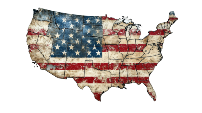 United States map with a grunge textured american flag and state borders, isolated on transparent background