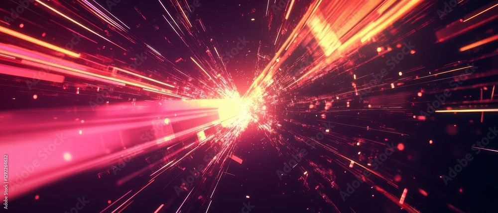 Poster abstract red and yellow light streaks creating a futuristic data stream or hyperspace effect, repres
