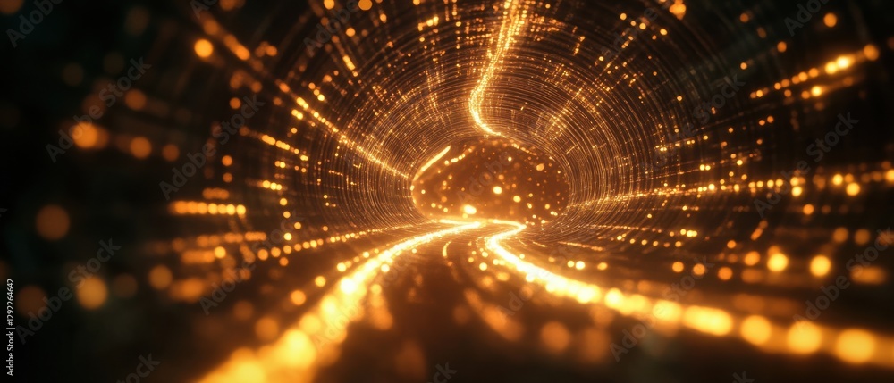 Poster abstract golden light tunnel with glowing particles, representing data stream, digital network, and 