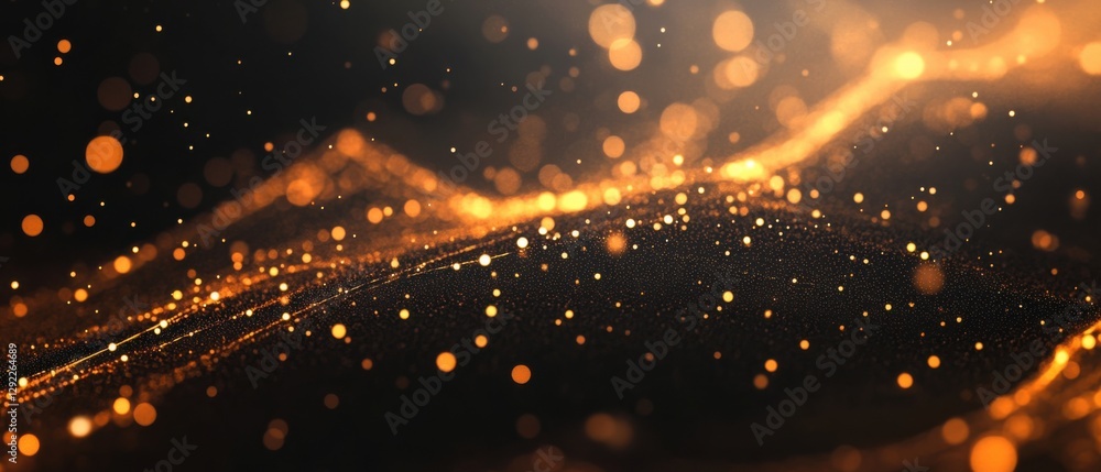 Poster abstract golden light particles flowing on dark background, creating a magical and elegant bokeh eff