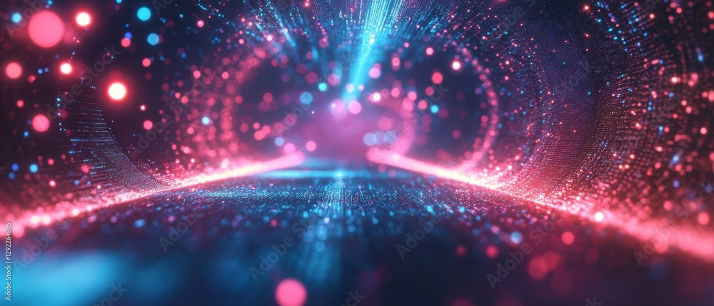 Aufkleber abstract digital tunnel with glowing neon particles, futuristic technology background with data stre