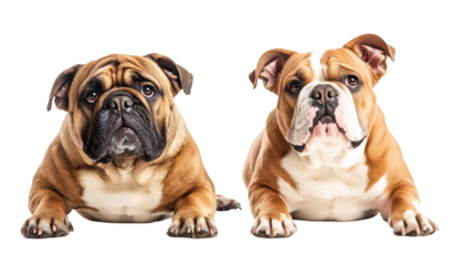 Pair of English bulldogs resting on clear background, displaying cute expressions with relaxed furry paws