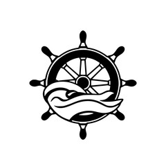 Fototapeta premium Nautical-themed black and white logo of a helm and ocean wave.