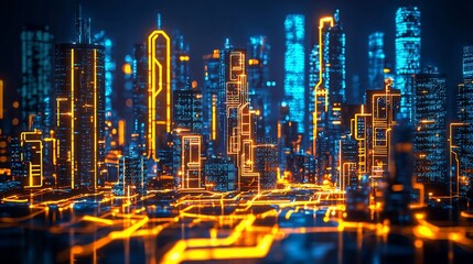 Futuristic cityscape at night, illuminated by neon lights and circuit board pathways.