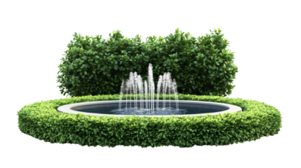 Circular stone fountain, trimmed hedge, verdant bushes framing ornamental water feature, isolated landscape element