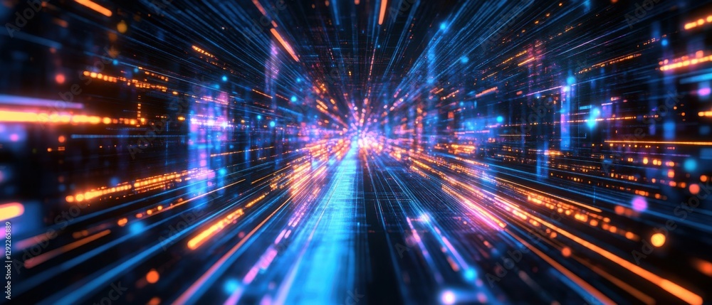 Poster abstract data stream visualization with blue and orange light trails, representing digital network, 