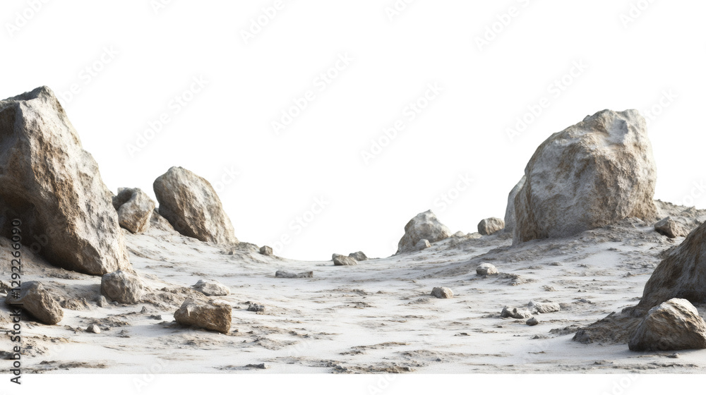 Poster large and small rocks scattered on white sand with transparent background, perfect for photo editing