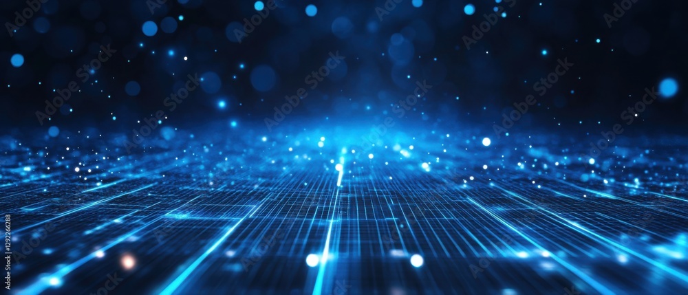Poster abstract blue digital grid with glowing particles, representing futuristic technology, data flow, an
