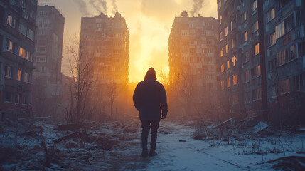 A lone figure in a hooded jacket walks through a desolate, snow-covered urban landscape at sunset, surrounded by abandoned buildings