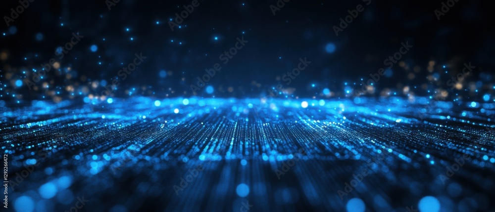 Poster abstract blue digital data stream with glowing particles, representing big data, artificial intellig