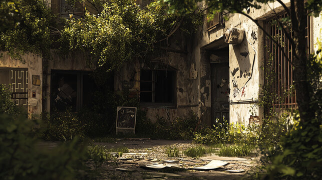 Abandoned building overgrown with vegetation, decayed walls, broken windows, and graffiti in a post-apocalyptic urban setting - Powered by Adobe