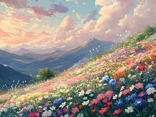 Fantasy Bloom Wildflowers Meadow. Colorful Spring Flower Floral Scenic Hill Landscape