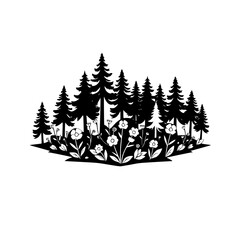 Obraz premium Black and white silhouette of a forest with tall pine tree, flowers and flowers, and a minimalist style.