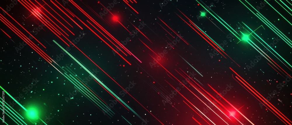 Poster abstract background of red and green neon light streaks with sparkling stars, creating a dynamic and
