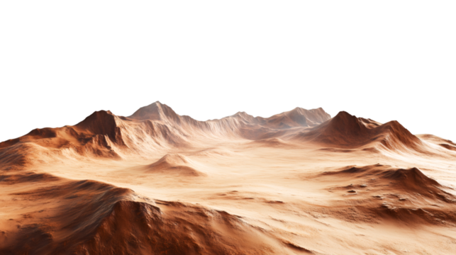 Panoramic view capturing the vast surface of Mars, featuring rocky mountains and deep valleys, all set against a transparent background