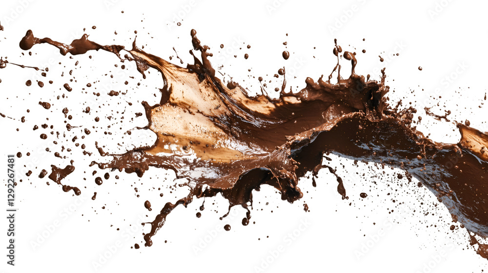 Poster Liquid chocolate dramatically splashing, forming dynamic wave pattern with smooth brown texture against transparent backdrop
