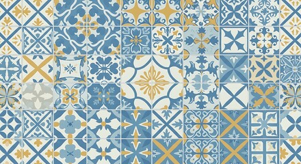 Decorative Blue and Gold Mosaic Tiles Design Pattern Seamless Repeat