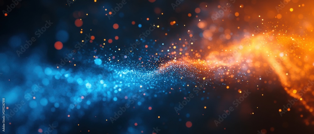 Poster abstract blue and orange sparkling particle wave background concept of energy, technology, and digit