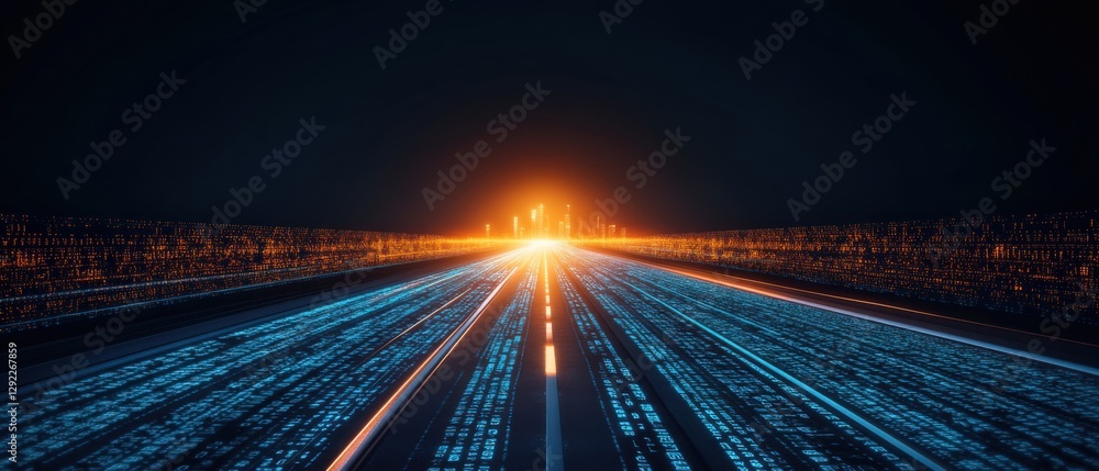 Aufkleber digital highway leading to a glowing futuristic cityscape concept of data flow, artificial intellige