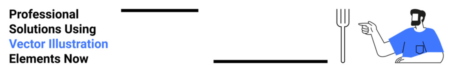 Businessman in blue shirt pointing towards a fork, complemented by clean typography. Ideal for marketing, design, advertising, food service, creativity, communication, professional branding flat