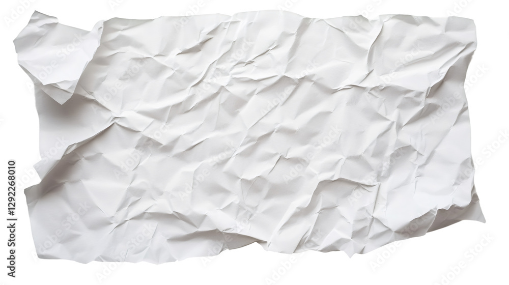 Poster crumpled white paper sheet wrinkling with deep folds, displaying textural shadows against transparen