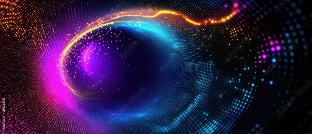Poster abstract glowing tunnel with colorful light trails and dot patterns, representing data stream, techn