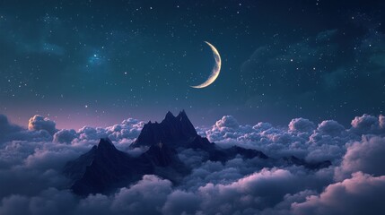 A dreamy night scene of distant mountain peaks beneath a crescent moon, with a soft glow illuminating the floating clouds.
