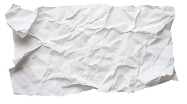 Crumpled white paper sheet wrinkling with deep folds, displaying textural shadows against transparent backdrop