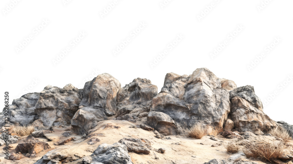 Poster realistic 3d rendering of a rocky landscape with dry grass emerging from a transparent background