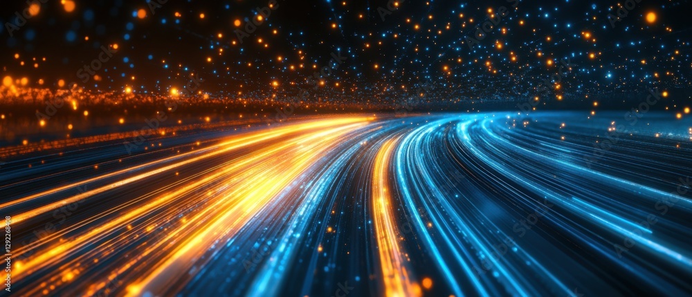 Poster abstract futuristic background with glowing orange and blue light trails and particles, representing