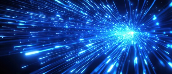 Fototapeta premium Abstract blue light streaks radiating from a central point, representing high speed data transfer, technology innovation, and futuristic energy