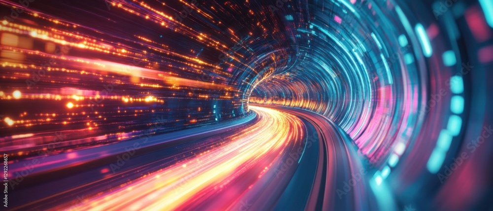 Poster abstract data stream tunnel with glowing light trails, representing high speed internet connection a